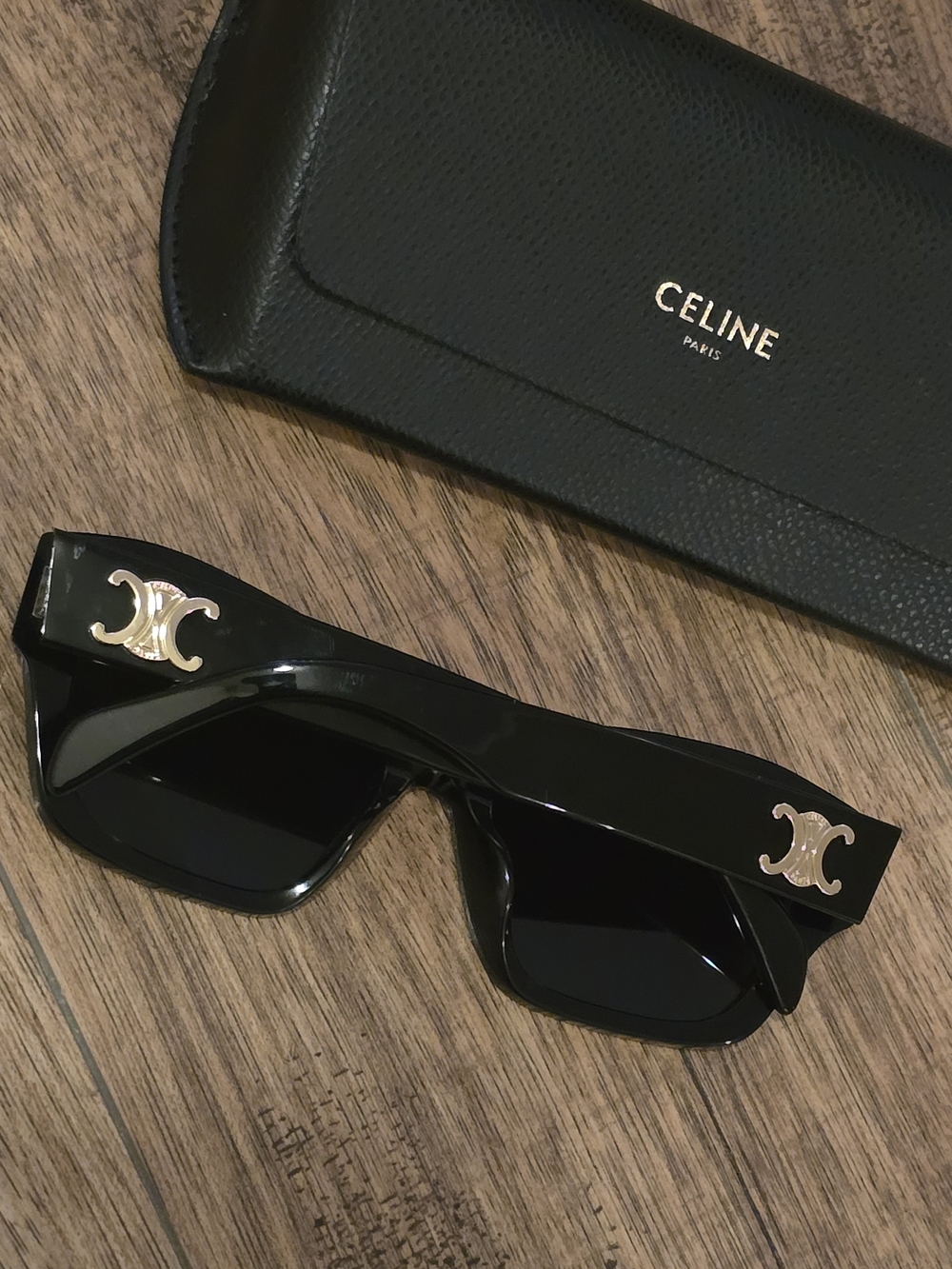 CELINE Triomphe Sunglasses Shiny Black/Gold Accent CL40330U 01A & Original Case